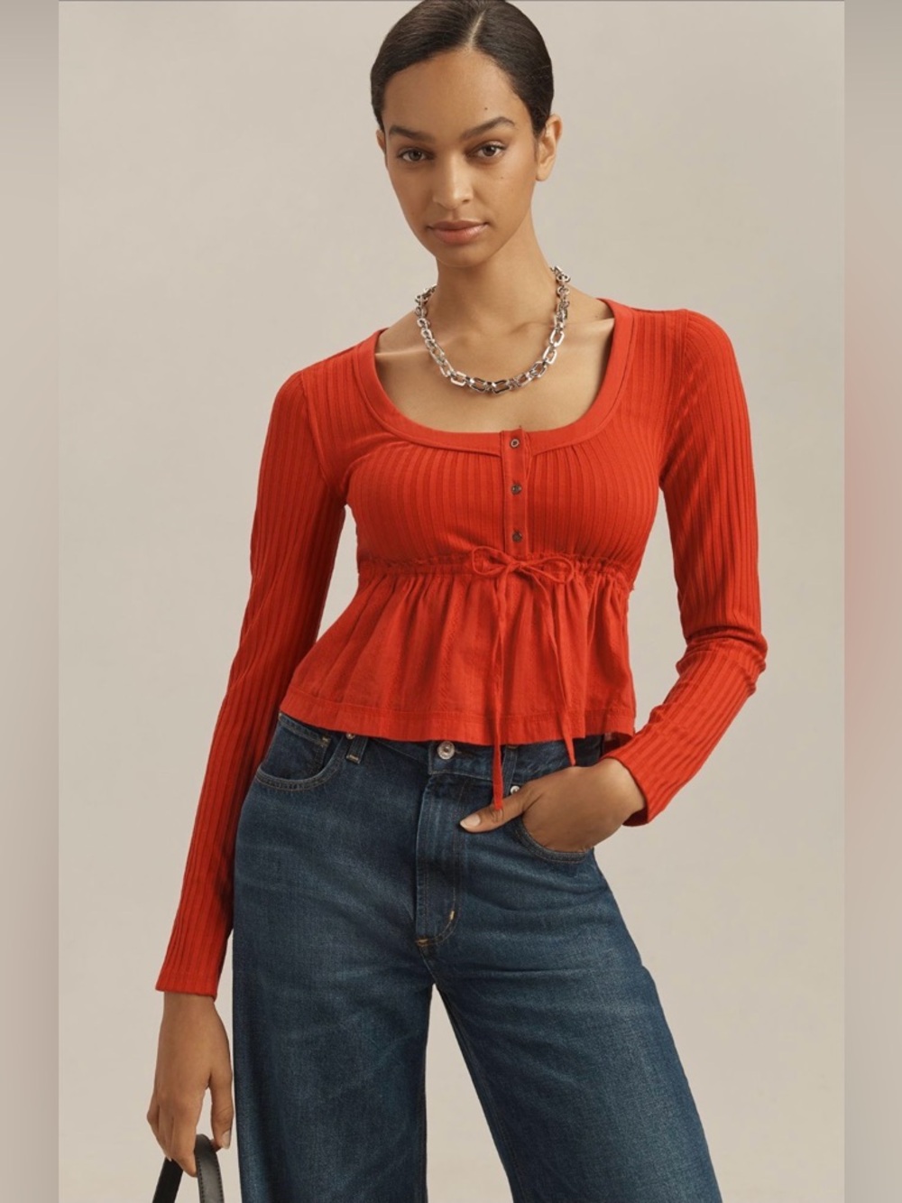 Pilcro Red Long Sleeve Scoop Neck Babydoll Top Size M